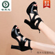 Woodpecker leather pure cowhide fish mouth thick heel sandals women's new summer hollow high -heeled waterproof platform sandals middle heel Roman shoes female black [medium heel 7.5 cm] 36