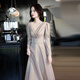 H-KED tall dress women's banquet evening dress slightly fat evening high-end autumn light luxury temperament niche long-sleeved annual party champagne color long 606 3XL