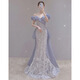 Paviso fishtail evening dress 2025 spring one-shoulder sequin fairy temperament bride toasting dress party host dress blue fishtail style L