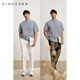 ZINGCHEN Summer atmosphere wear ZINGCHEN men's Henry collar silhouette button-down shirt stand collar casual shirt Navy stripe M