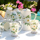 Household water cup set bone china cup set European emerald water set light luxury tea cup living room drinking cup camellia water set 8 pieces (6 cups 1 pot 1 shelf)
