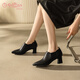 Goldlion Women's Shoes Cowhide Mid-Heel Ankle Boots Commuting High Heels Pointed Toe Thick Heels Deep Mouth Single Shoes Women G661340089 Black 36