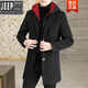 Высококачественная шерстяная ветровка JEEP 2025 года, новинка осени и зимы, ветровка средней длины для толстяка, мужская куртка большого размера, мужская куртка большого размера 8888M, черная красная шапка M95-110Jin Jin равна 0,5 кг