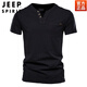 JEEP SPIRIT2025 new men's short-sleeved T-shirt pure cotton Henry open collar small v-neck top solid color slim bottoming shirt men's summer black 100% cotton XL weight recommendation 153-170Jin Jin equals 0.5 kg