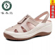 Woodpecker genuine leather women's shoes wedge heel toe sandals for women 25 summer new style breathable soft soles not tiring feet mother leather shoes hollow beige 39