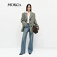 MO&Co. Suit Spring Retro Brown Green Herringbone Sheep Wool Padded Broad Shoulder Jacket MBE1BLA005 Green Mixed Color S