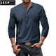 JEEP SPIRIT European and American men's distressed henley shirt retro long-sleeved T-shirt large size men's button washed distressed bottoming shirt top light gray 2XL (185-205Jin Jin equals 0.5 kg)