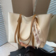 Bai Qixin Tote Bag Large Capacity Commuting Large Bag Women's Fashionable Simple Tote Bag Retro Shoulder Handbag Simple Tote Bag White with Brown + Ribbon