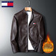 TOMMYBULL American Tommy Tommy Leather Men's Stand Collar Jacket Men's Autumn and Winter Young and Middle-aged Business-Sense Jacket Men's Coffee Plus Velvet 2XL