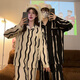 Bo Na Ling couple's pajamas for one man and one woman, summer and autumn cardigan, long-sleeved trousers, casual lapels, winter wearable home clothes set, wavy pattern couple's pajamas, black men's XL