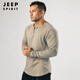 JEEP SPIRIT Retro Heavy Henley Long Sleeve T-Shirt Solid Color Sports Fitness Bottoming Shirt Men's Pure Cotton Stretch Thin V-Neck Cardigan Black XL