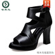 Woodpecker leather pure cowhide fish mouth thick heel sandals women's new summer hollow high -heeled waterproof platform sandals middle heel Roman shoes female black [medium heel 7.5 cm] 36