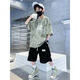 
Boys Summer Set 2024 New Children's Summer Fashion Fashion Handsome Fashion Boy Short Sleeve Sports Summer Clothes NN-A1085 [Beige White] Set 160cm