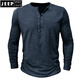 JEEP SPIRIT European and American men's distressed henley shirt retro long-sleeved T-shirt large size men's button washed distressed bottoming shirt top light gray 2XL (185-205Jin Jin equals 0.5 kg)