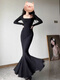 Pingyu Bubu Shenglian square neck long-sleeved fishtail arm-wrapped dress for women, autumn temperament, slim waist, slimming and sexy long skirt, black S