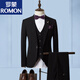 ROMON suit men's three-piece suit business formal casual small suit groomsmen groom wedding dress men's SJT1903 brown L