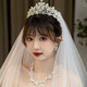 Ancient Nai Crown Tiara Veil Proposal and Certification Bride Marriage Korean Forest Crystal Crown Wedding Dress Hair Accessory Female Adult French Crown Silver + Veil (60-80cm