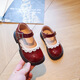 G.duck Little Yellow Duck Children's Lace Small Leather Shoes Spring and Autumn New Girls Fashion Trend Single Shoes Soft Sole Velcro Princess Shoes Burgundy Size 23 Shoe Inner Length 14.8cm