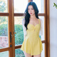 OMOM one-piece skirt-style swimsuit long-sleeved cover-up slimming belly-covering hot spring resort swimsuit yellow XL