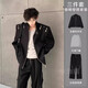 An Chuxia American high street shoulder padded blazer men's metal airplane buckle design jacket autumn handsome street suit black jacket + gray T-shirt + zipper pants 3-piece set XL store priority delivery