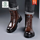 Woodpecker head layer cowhide Martin boots men's trendy soft leather high-top work boots winter plus velvet warm and non-slip motorcycle leather boots brown four-season single boots 38