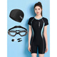 Chuangjingyi Select Girls Swimsuit Junior High School Girls 10 Girls 12-15 Years Old Children 13-14 Junior High School Students One-piece Swimsuit Swimming Training Black and Blue + Swimming Cap Swimming Goggles Earplugs Nose Clip M (70-85Jin Jin is equal to 0.5kg)