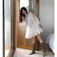 Muni holiday fairy skirt French dress 2025 new ethnic style hollow stitching long-sleeved loose dress with waist holiday fairy skirt white with belt S size recommended 80-105 Jin Jin equals 0.5 kg