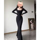 Pingyu Bubu Shenglian square neck long-sleeved fishtail arm-wrapped dress for women, autumn temperament, slim waist, slimming and sexy long skirt, black S