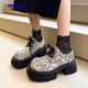 Jane Xilen new Chinese style thick-soled loafers for women 2024 spring and summer new printed small leather shoes versatile platform sole shoes for women black 37