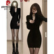 Pierre Cardin Black Sexy Hot Girl Pure Desire Dress Women's 2025 Spring and Autumn New Slim Waist Long Sleeve Hip Covering Stepmother Dress Black Dress Women's Summer/Drapping Dress M 45/55kg