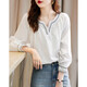 Demana (dme) contrasting color embroidered shirt spring and autumn V-neck loose long-sleeved simple shirt women's top