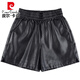 Pierre Cardin 2025 new autumn and winter versatile pu leather shorts for women with fat mm elastic waist 200Jin Jin equals 0.5kg loose slimming wide legs 6689 black XL recommended 110-130Jin Jin equals 0.5kg