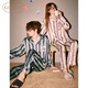 Gukoo Couple Pajamas Spring and Autumn Style Boom Boom Puppy Maillard Simple Striped Women's Long Sleeve Cartoon Men's Home Clothing A Striped Puppy Couple Suit S Women