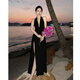 Diligent high slit dress evening dress sexy deep V goddess style halter neck little black dress deep V large backless long dress vacation repair black M
