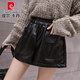 Pierre Cardin 2025 new autumn and winter versatile pu leather shorts for women with fat mm elastic waist 200Jin Jin equals 0.5kg loose slimming wide legs 6689 black XL recommended 110-130Jin Jin equals 0.5kg