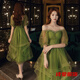 Dongjing forest small evening dress, new style, super fairy temperament, light luxury slim dress for birthday party, can be worn at ordinary times, green princess sleeves, irregular skirt, suspenders, mid-length style M