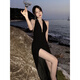 Diligent high slit dress evening dress sexy deep V goddess style halter neck little black dress deep V large backless long dress vacation repair black M