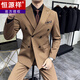 Hengyuanxiang double-breasted suit men's suit business formal casual suit British slim fit groom wedding dress including sheep wool style-dark green three-piece suit, black lining 48/M