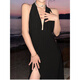 Diligent high slit dress evening dress sexy deep V goddess style halter neck little black dress deep V large backless long dress vacation repair black M
