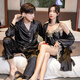 Modal 2 set price imitation silk couple nightgown for men and women spring and autumn suit shorts women's hanging skirt two-piece ice silk embroidered bathrobe 0511 black men's suit women's embroidered nightgown XL male + female L