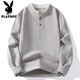 Playboy (PLAYBOY) heavy fake two-piece sweater for men winter 2025 American retro sweater thickened warm henley collar sweater jacket light gray XL