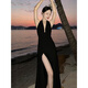 Diligent high slit dress evening dress sexy deep V goddess style halter neck little black dress deep V large backless long dress vacation repair black M