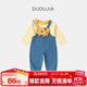 Dudu baby set autumn children's striped T-shirt overalls two-piece set boys long-sleeved tops girls cartoon pants denim blue 90