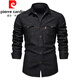 Pierre Cardin spring and autumn new slim denim lapel shirt American version trendy men's casual solid color jacket men's long-sleeved lining knitted navy XL