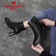 Fuguiniao genuine leather cowhide short boots for women autumn and winter metal decoration fashion boots temperament high heels women's boots black short velvet 37