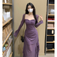 西儿气质辣妹风绝绝紫方领连衣裙女荷叶边拼接显瘦开叉气质包臀长裙 紫色连衣裙 L