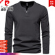 Pierre Cardin 100% cotton long-sleeved T-shirt men's autumn new henley shirt slim fit fake two-piece V-neck casual solid color bottoming shirt dark gray 2XL 140Jin Jin equals 0.5kg -155Jin Jin equals 0.5kg