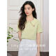 Xi world French polo collar shoulder T-shirt summer 2024 new sweet embroidery loose slimming short-sleeved top lemon yellow S