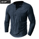 JEEP SPIRIT European and American men's distressed henley shirt retro long-sleeved T-shirt large size men's button washed distressed bottoming shirt top light gray 2XL (185-205Jin Jin equals 0.5 kg)
