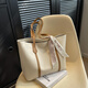 Bai Qixin Tote Bag Large Capacity Commuting Large Bag Women's Fashionable Simple Tote Bag Retro Shoulder Handbag Simple Tote Bag White with Brown + Ribbon